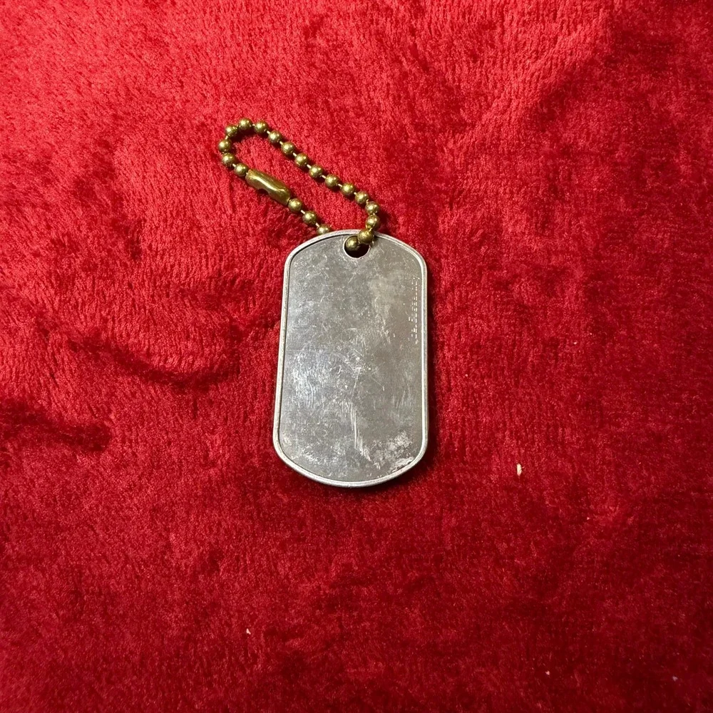 Vintage Addressograph Dog Tag Keychain American Flag Enamel Patriotic Metal Tag